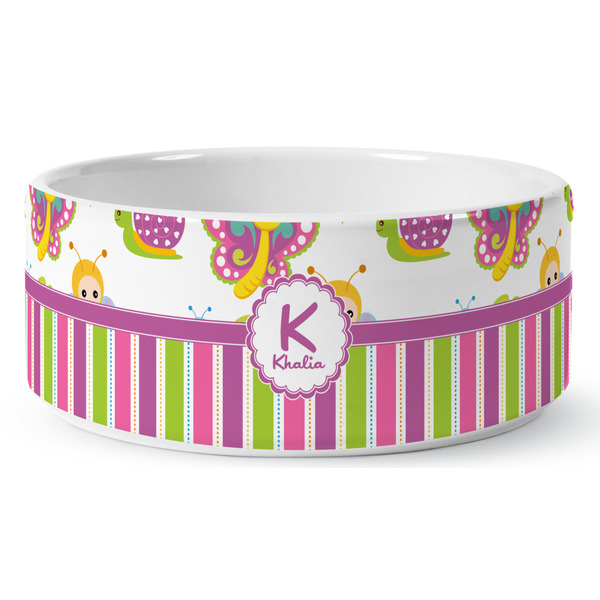 Butterflies & Stripes Ceramic Dog Bowl - Medium - Front
