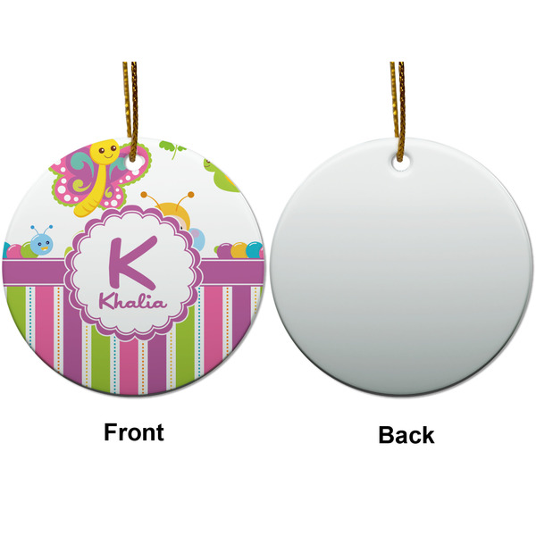 Butterflies & Stripes Ceramic Flat Ornament - Circle Front & Back (APPROVAL)