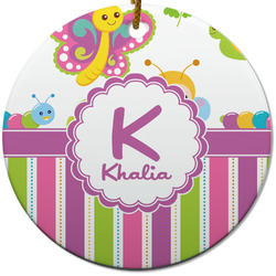 Butterflies & Stripes Round Ceramic Ornament w/ Name and Initial