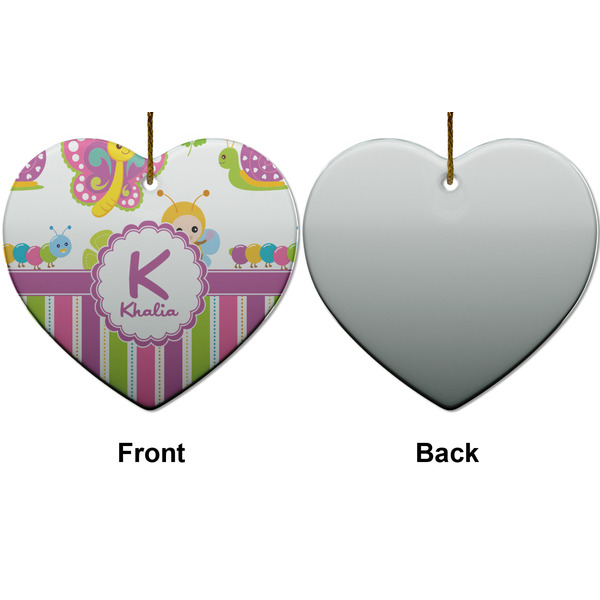Butterflies & Stripes Ceramic Flat Ornament - Heart Front & Back (APPROVAL)
