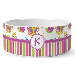 Butterflies & Stripes Ceramic Dog Bowl - Large (Personalized)