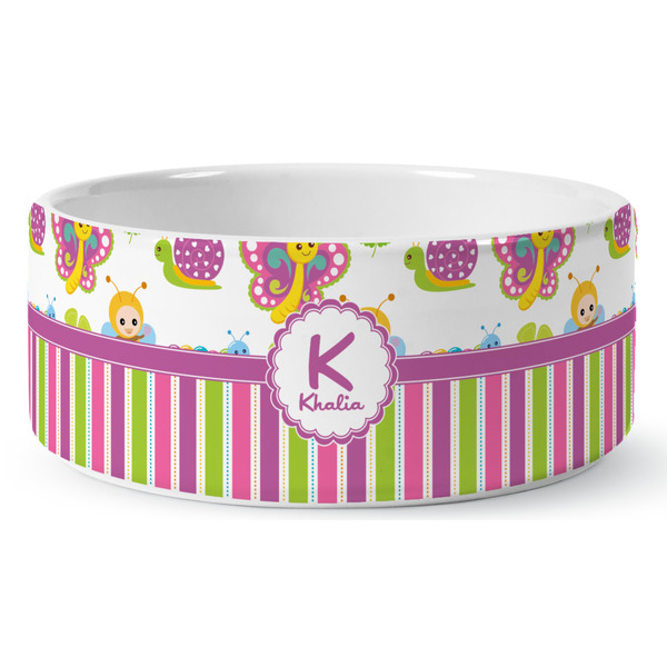 Custom Butterflies & Stripes Ceramic Dog Bowl - Large (Personalized)