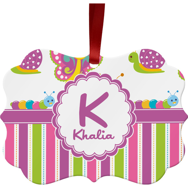 Custom Butterflies & Stripes Metal Frame Ornament - Double Sided w/ Name and Initial
