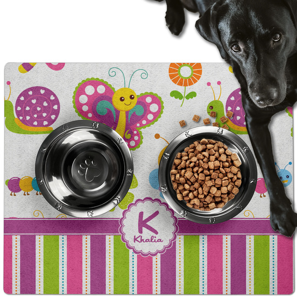 Custom Butterflies & Stripes Dog Food Mat - Large w/ Name and Initial