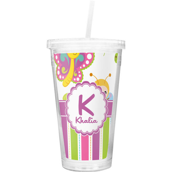 Custom Butterflies & Stripes Double Wall Tumbler with Straw (Personalized)