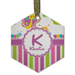 Butterflies & Stripes Flat Glass Ornament - Hexagon w/ Name and Initial