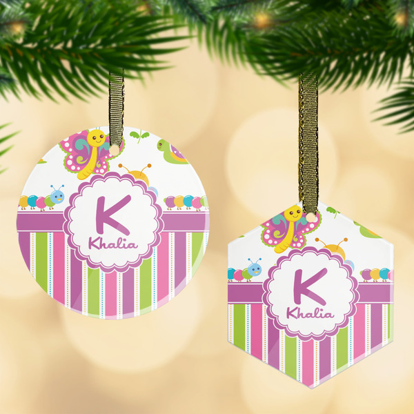 Custom Butterflies & Stripes Flat Glass Ornament w/ Name and Initial