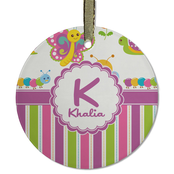 Custom Butterflies & Stripes Flat Glass Ornament - Round w/ Name and Initial
