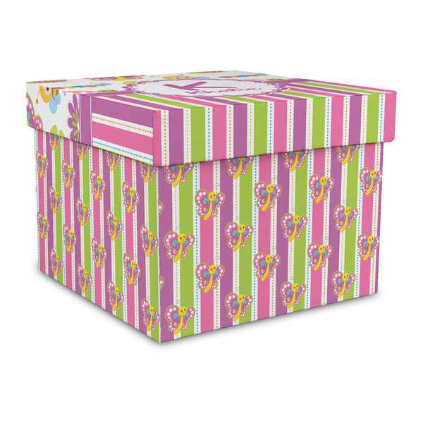 Custom Butterflies & Stripes Gift Box with Lid - Canvas Wrapped - Large (Personalized)