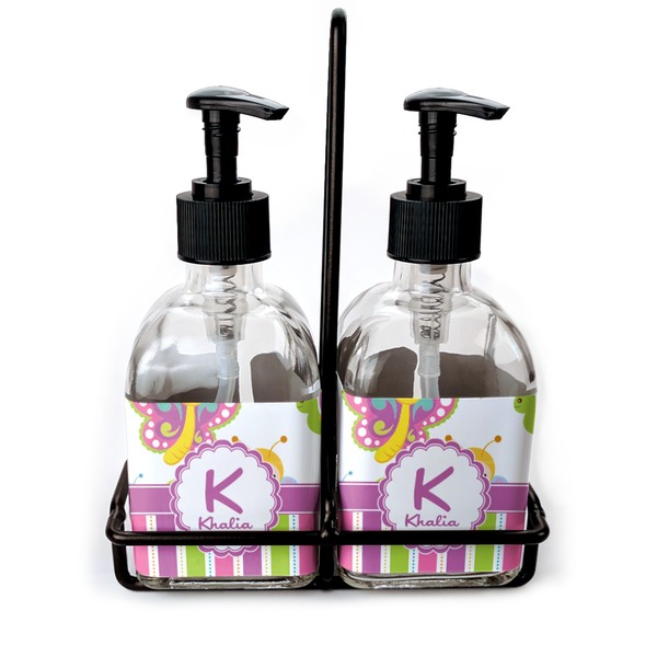 Custom Butterflies & Stripes Glass Soap & Lotion Bottle Set (Personalized)