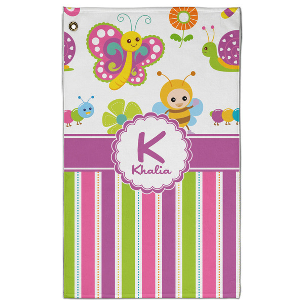 Custom Butterflies & Stripes Golf Towel - Poly-Cotton Blend - Large w/ Name and Initial