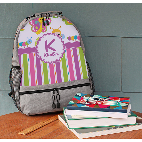 Butterflies & Stripes Large Backpack - Gray - On Desk