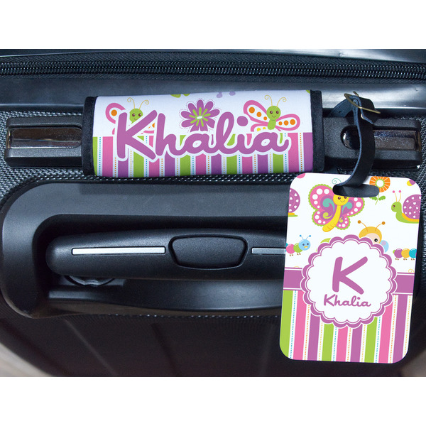 Butterflies & Stripes Metal Luggage Tag & Handle Wrap - In Context