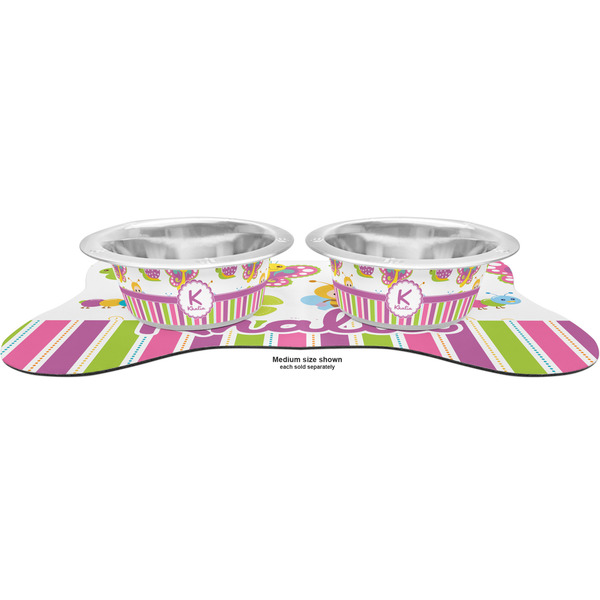 Butterflies & Stripes Metal Pet Bowls - On Dog Bone Shaped Mat