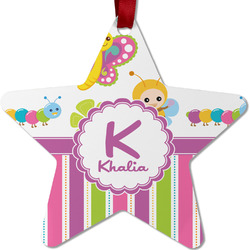 Butterflies & Stripes Metal Star Ornament - Double Sided w/ Name and Initial