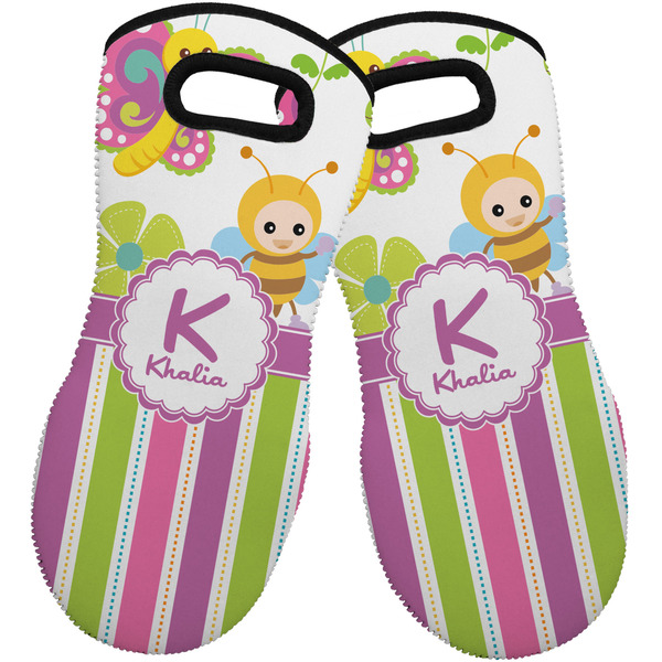 Custom Butterflies & Stripes Neoprene Oven Mitts - Set of 2 w/ Name and Initial