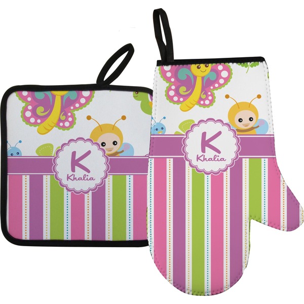 Custom Butterflies & Stripes Right Oven Mitt & Pot Holder Set w/ Name and Initial
