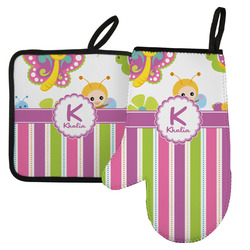 Butterflies & Stripes Left Oven Mitt & Pot Holder Set w/ Name and Initial