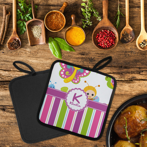 Butterflies & Stripes Neoprene Pot Holder - Set of 2  LIFESTYLE (Flatlay)