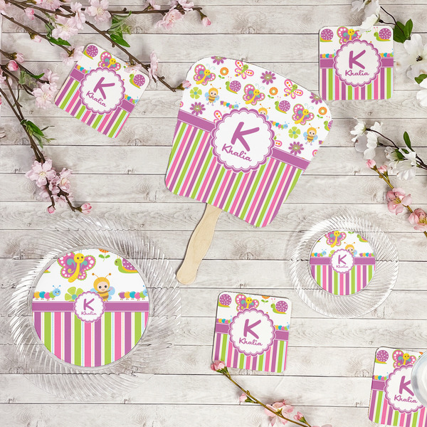 Butterflies & Stripes Party Supplies Combination Image - All items - Plates, Coasters, Fans