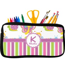 Butterflies & Stripes Neoprene Pencil Case - Small w/ Name and Initial