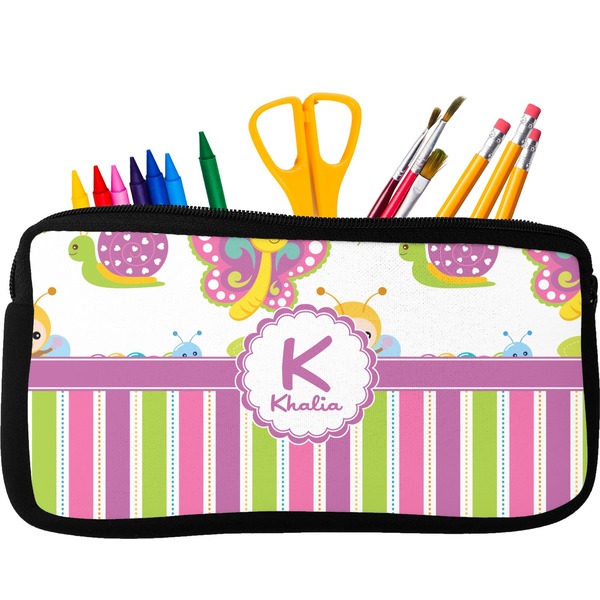 Custom Butterflies & Stripes Neoprene Pencil Case - Small w/ Name and Initial