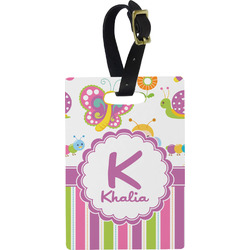 Butterflies & Stripes Plastic Luggage Tag - Rectangular w/ Name and Initial