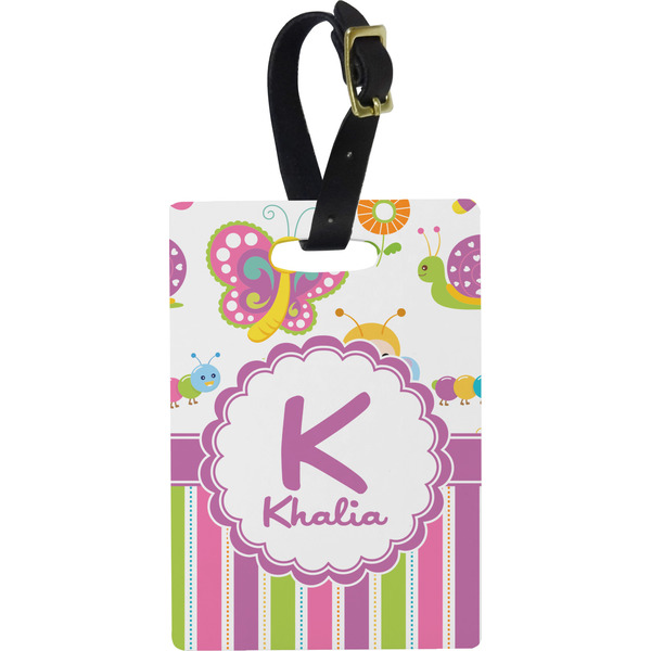Custom Butterflies & Stripes Plastic Luggage Tag - Rectangular w/ Name and Initial
