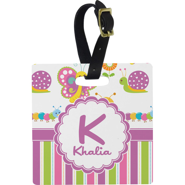 Custom Butterflies & Stripes Plastic Luggage Tag - Square w/ Name and Initial