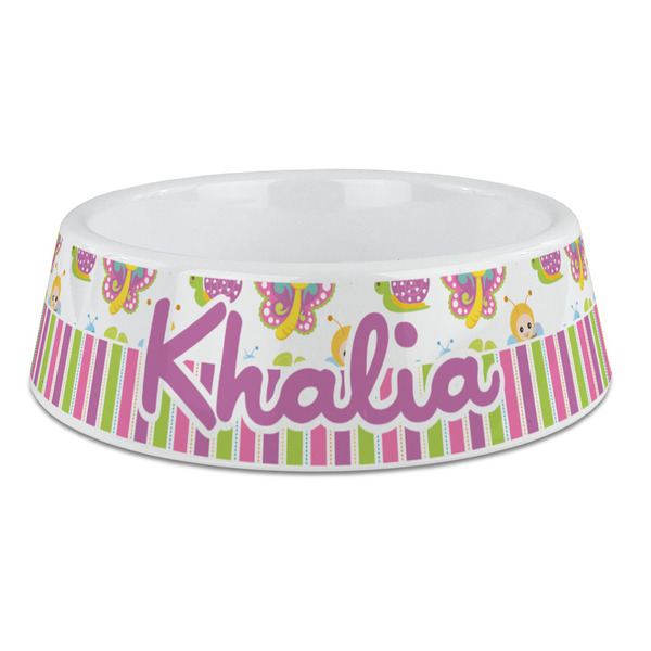 Custom Butterflies & Stripes Plastic Dog Bowl - Large (Personalized)