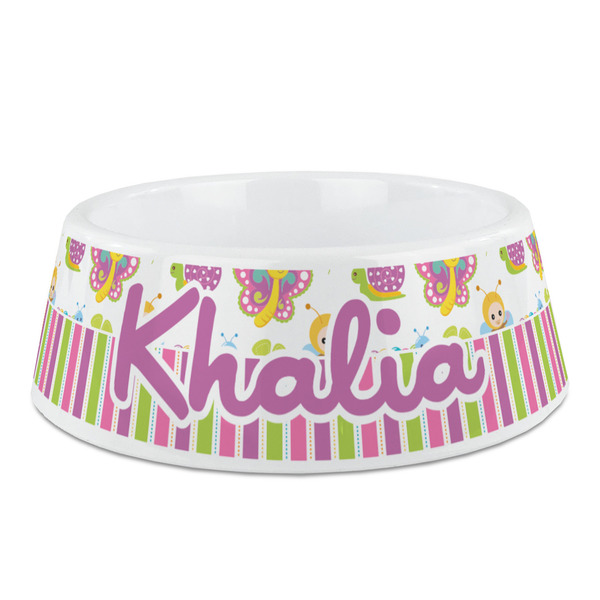Custom Butterflies & Stripes Plastic Dog Bowl - Medium (Personalized)