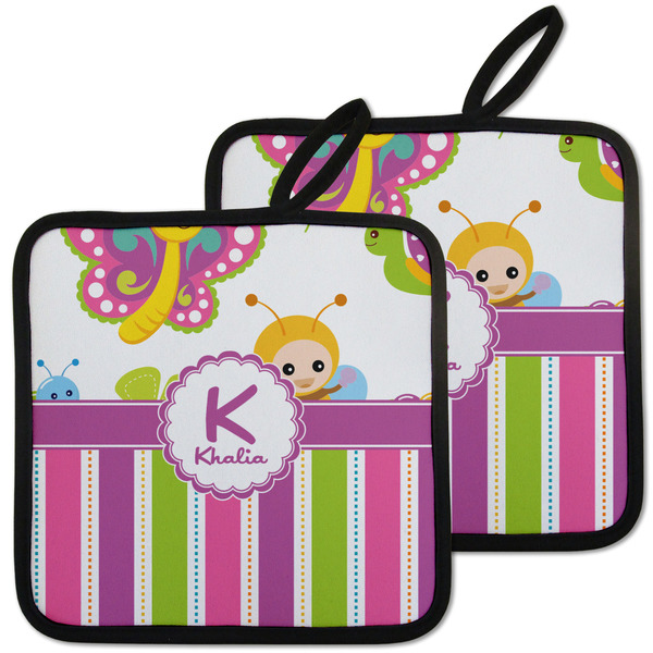 Custom Butterflies & Stripes Pot Holders - Set of 2 w/ Name and Initial