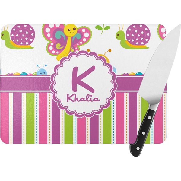 Custom Butterflies & Stripes Rectangular Glass Cutting Board - Large - 15.25"x11.25" w/ Name and Initial