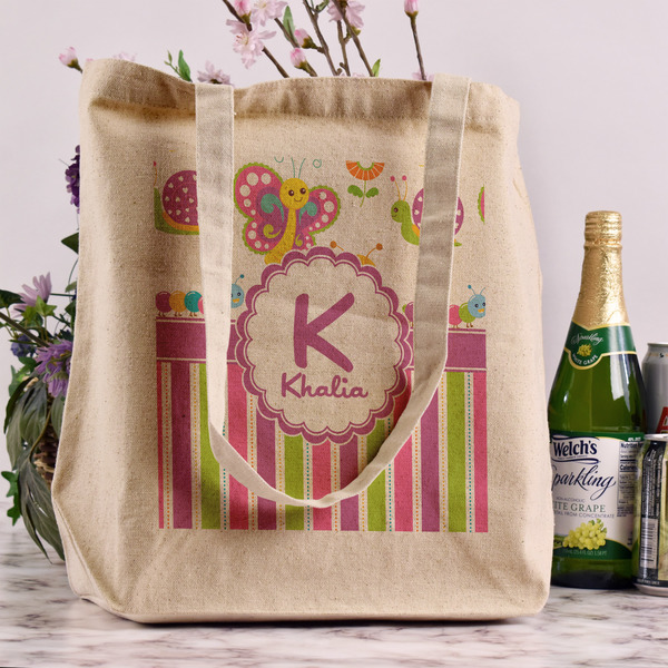 Butterflies & Stripes Reusable Cotton Grocery Bag - In Context