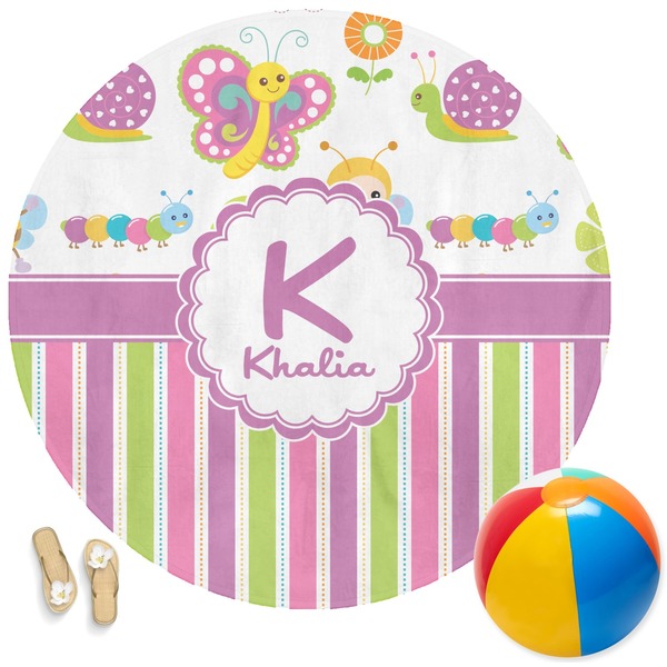 Custom Butterflies & Stripes Round Beach Towel (Personalized)