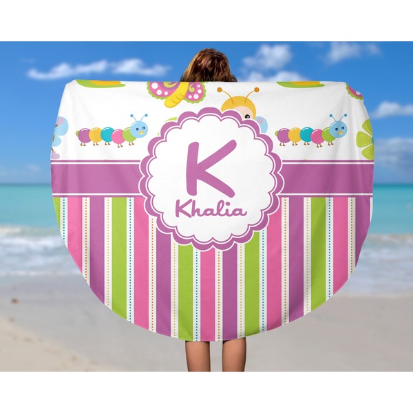 Butterflies & Stripes Round Beach Towel - In Use