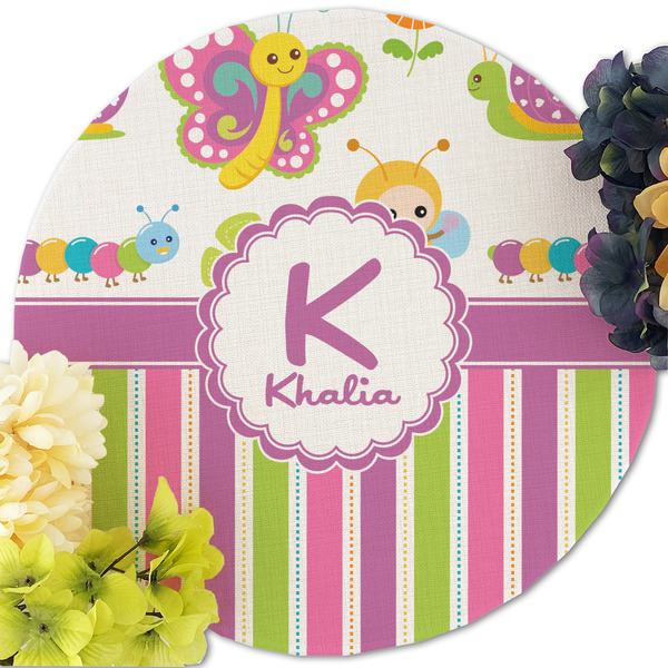 Butterflies & Stripes Round Linen Placemats - Front (w flowers)