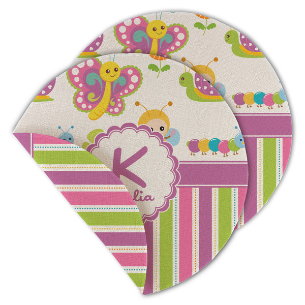 Custom Butterflies & Stripes Round Linen Placemat - Double Sided (Personalized)