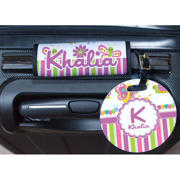 Butterflies & Stripes Round Luggage Tag & Handle Wrap - In Context