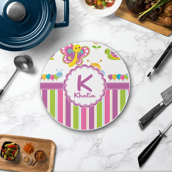 Butterflies & Stripes Round Stone Trivet - In Context View