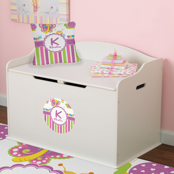Butterflies & Stripes Round Wall Decal on Toy Chest