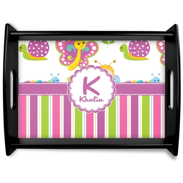 Custom Butterflies & Stripes Black Wooden Tray - Large (Personalized)