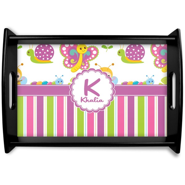 Custom Butterflies & Stripes Black Wooden Tray - Small (Personalized)