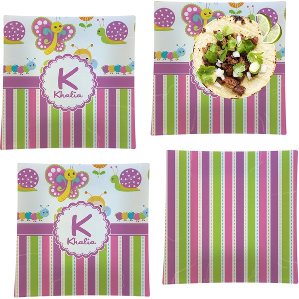 Custom Butterflies & Stripes Set of 4 Glass Square Lunch / Dinner Plate 9.5" (Personalized)