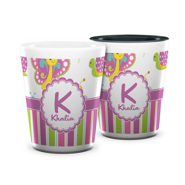 Custom Butterflies & Stripes Ceramic Shot Glass - 1.5 oz (Personalized)