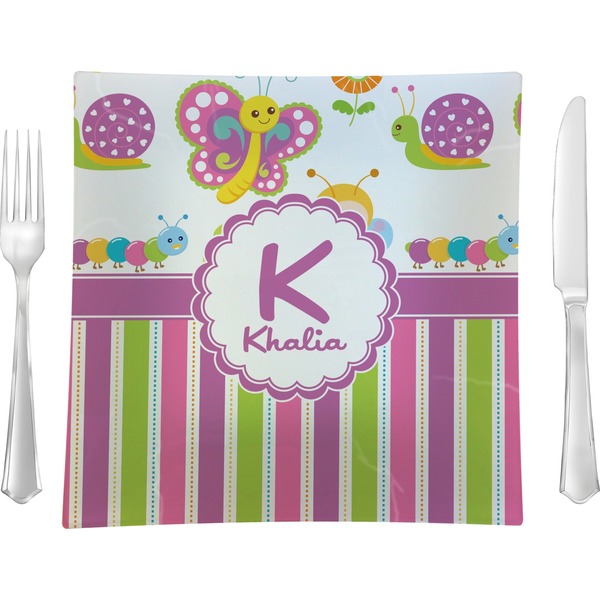 Custom Butterflies & Stripes 9.5" Glass Square Lunch / Dinner Plate- Single or Set of 4 (Personalized)