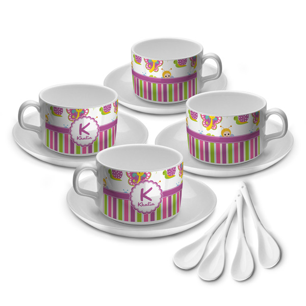 Custom Butterflies & Stripes Tea Cup - Set of 4 (Personalized)