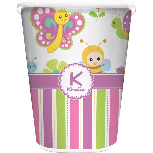 Custom Butterflies & Stripes Waste Basket - Double Sided (White) (Personalized)