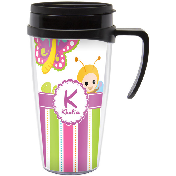 Custom Butterflies & Stripes Acrylic Travel Mug with Handle (Personalized)