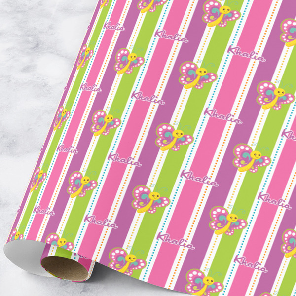 Custom Butterflies & Stripes Wrapping Paper Roll - Large (Personalized)
